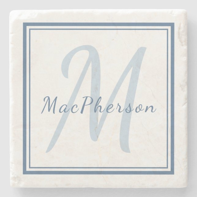 Monogram Custom Blue Text Marble Stone Coaster (Front)