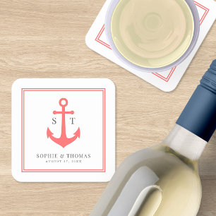 Monogram Custom Border and Anchor Color Nautical Square Paper Coaster