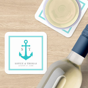 Monogram Custom Border and Anchor Color Nautical Square Paper Coaster