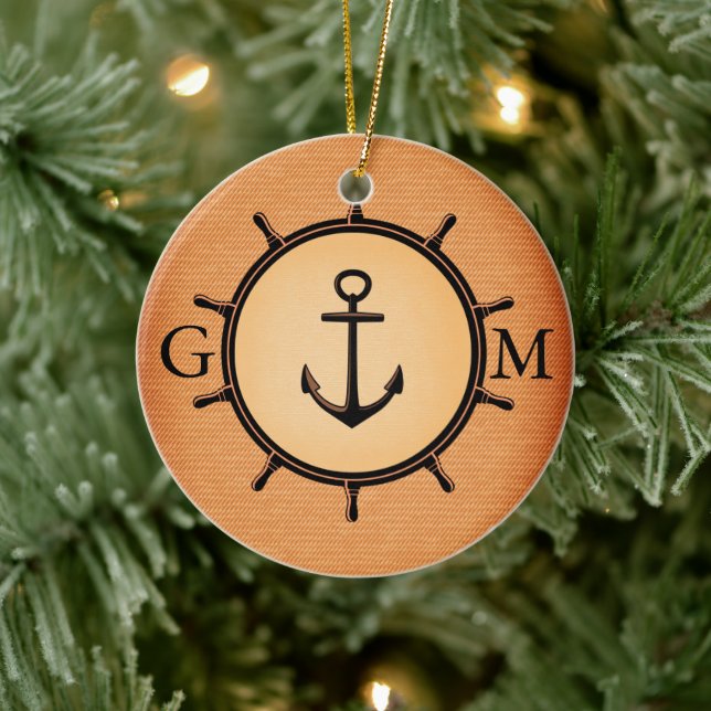 Monogram Custom Brass Nautical Wheel and Anchor Ceramic Ornament (Tree)