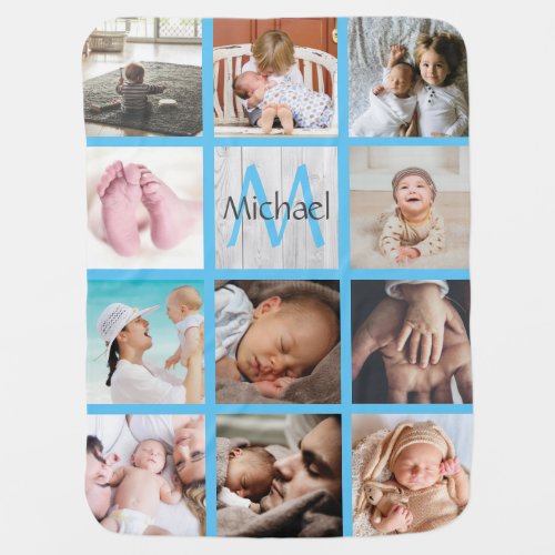 Monogram custom collage photos baby boy blue  baby blanket