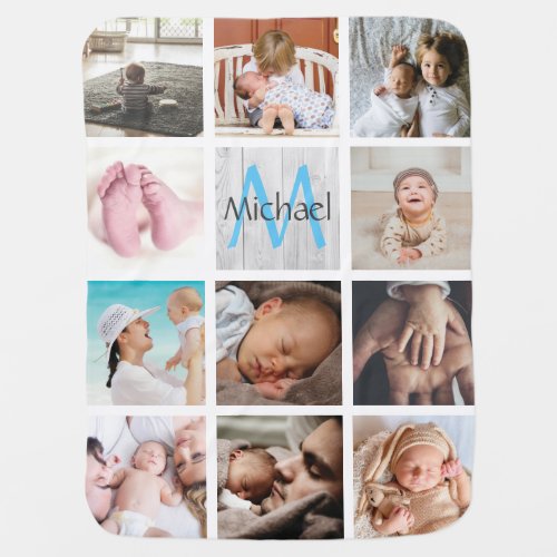 Monogram custom collage photos baby boy white blue baby blanket