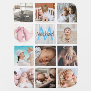 Monogram custom collage photos baby boy white blue blanket