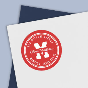 Monogram Custom Color Varsity Style Return Address Classic Round Sticker