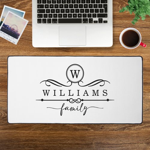 Monogram Custom Family Name Black Script Desk Mat