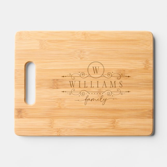 Monogram Custom Family Name Elegant Script Engraved Cutting Board (Front)