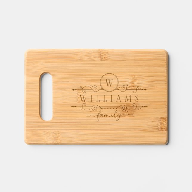 Monogram Custom Family Name Elegant Script Engraved Cutting Board (Front)