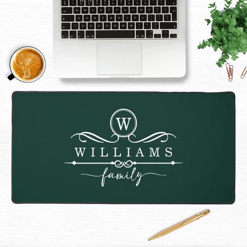 Monogram Custom Family Name Green White Script Desk Mat