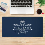 Monogram Custom Family Name White Script Desk Mat<br><div class="desc">Monogram Custom Family Name White Script Desk Mats features a monogram and personalized family name in elegant white script typography on a dark blue background. Perfect gift for family and friends for birthday,  Christmas,  Father's Day,  Mother's Day,  Grandparents,  wife,  husband,  mom,  dad and more. Designed by ©Evco Studio www.zazzle.com/store/evcostudio</div>