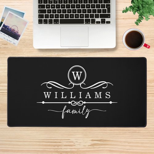 Monogram Custom Family Name White Script Desk Mat