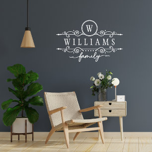 Monogram Custom Family Name White Script Template Wall Decal