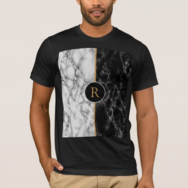 Monogram Custom Letter T-Shirt Black White Marble (Front)