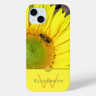 Monogram Custom Name Bee On Sunflower Photo iPhone 15 Plus Case