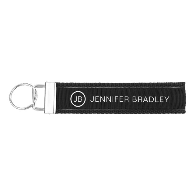 Monogram Custom Name Black and White Lanyard Wrist Keychain (Keys on Left)