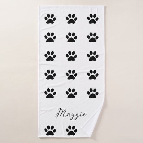 Monogram Custom Name Black White Paw Print Pattern Bath Towel