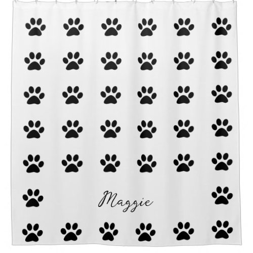 Monogram Custom Name Black White Paw Print Pattern Shower Curtain