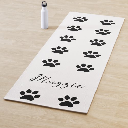 Monogram Custom Name Black White Paw Print Pattern Yoga Mat