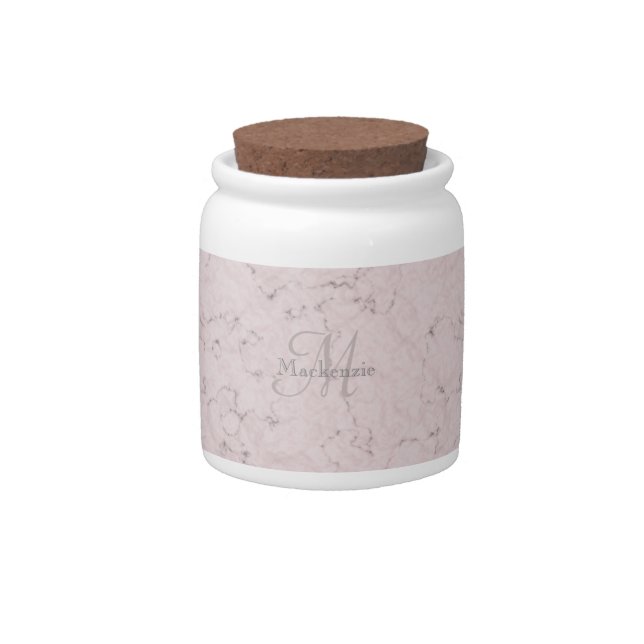 Monogram Custom Name Blush Pink Gray Marble Design Candy Jar (Front)