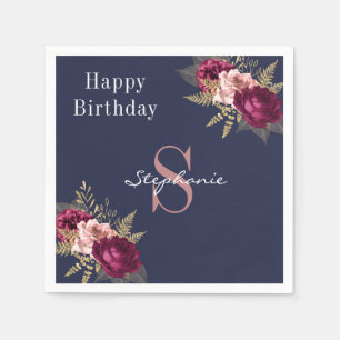 Monogram Custom Name Burgundy Pink Gold Floral  Napkins