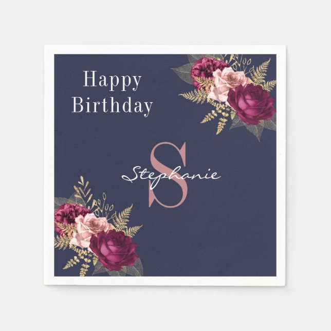 Monogram Custom Name Burgundy Pink Gold Floral  Napkins (Front)