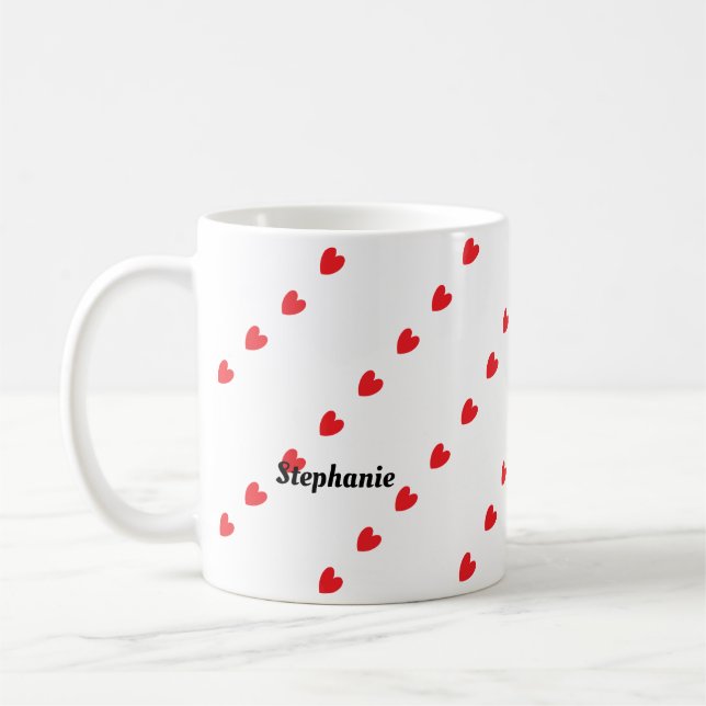 Monogram Custom Name Cute Red Doodle Hearts Trendy Coffee Mug (Left)