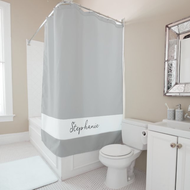 Monogram Custom Name Grey Gray Black White Shower Curtain (In Situ)
