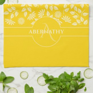 Monogram Custom Name Leaves Daisies Bright Yellow