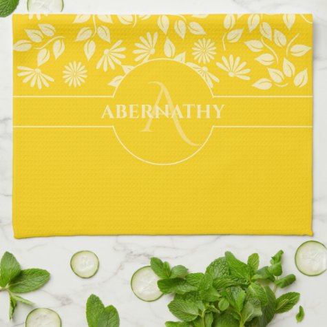 Monogram Custom Name Leaves Daisies Bright Yellow