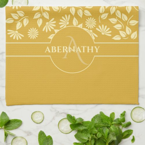 Monogram Custom Name Leaves Daisies Golden Yellow