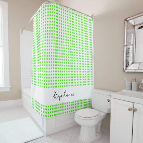 Monogram Custom Name Neon Green Art Tile Patterns Shower Curtain