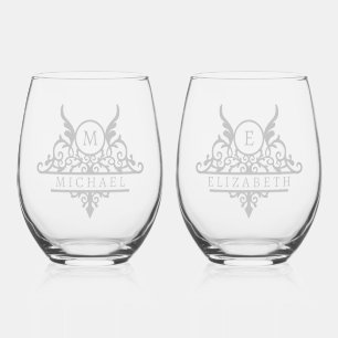 Monogram Custom Name Ornate Personalized Stemless Wine Glass