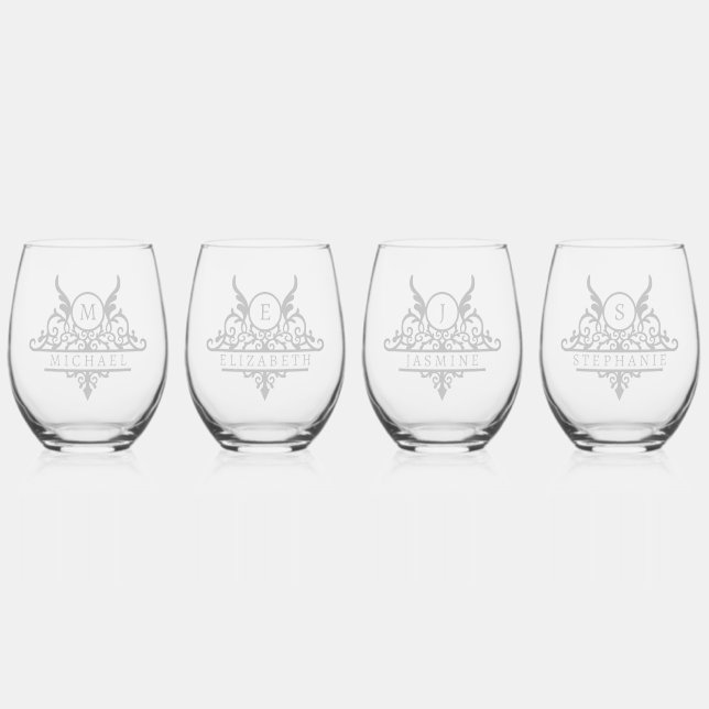 Monogram Custom Name Ornate Personalized Stemless Wine Glass (Front)