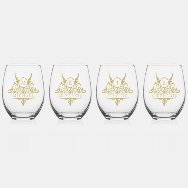 Monogram Custom Name Ornate Personalized Stemless Wine Glass (Front)