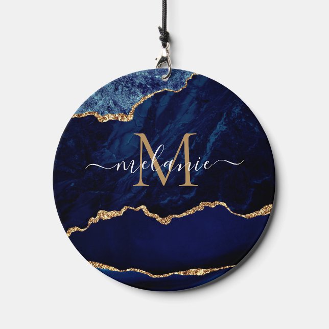 Monogram Custom Name Personalized Navy Blue Gold Wind Chime (Back)