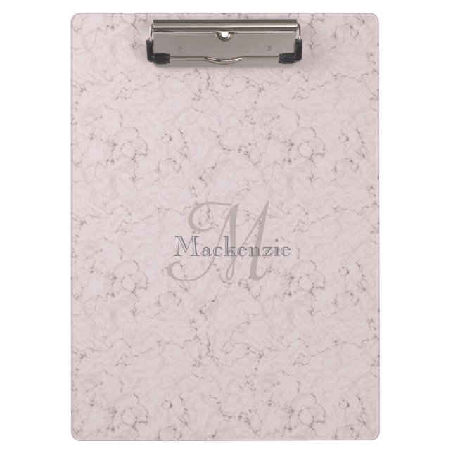 Monogram Custom Name Pink Gray Marble Design Clipboard (Front)
