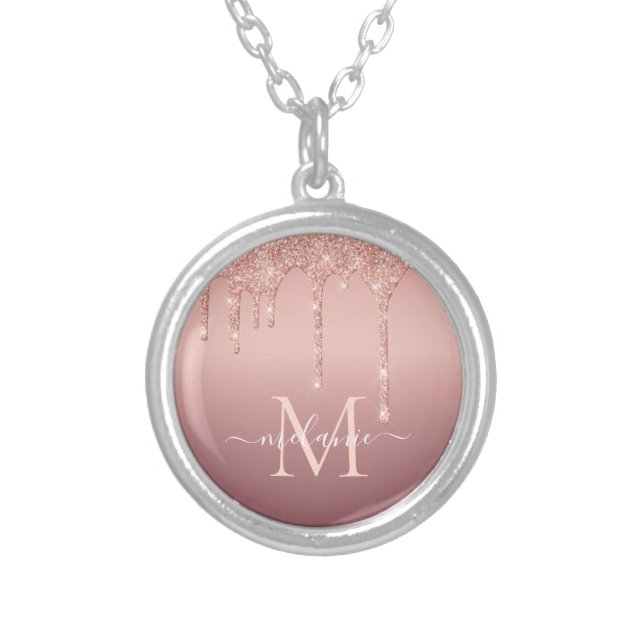 Monogram Custom Name Rose Gold Glitter Necklace (Front)