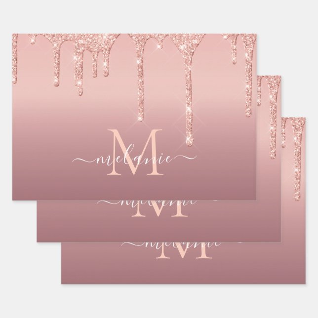 Monogram Custom Name Rose Gold Glitter Sparkly Wrapping Paper Sheets (Set)