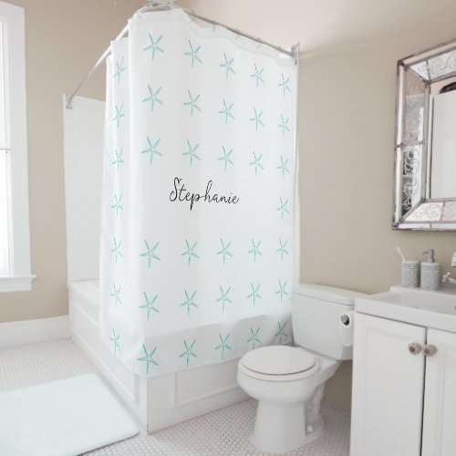 Monogram Custom Name Teal Blue White Starfish 2022 Shower Curtain