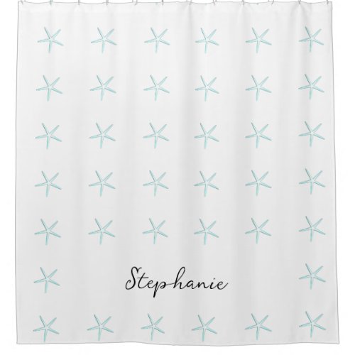 Monogram Custom Name Teal Blue White Starfish Cute Shower Curtain