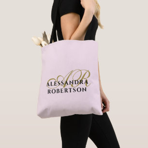 Monogram Custom Pastel Pink Gold Black Minimalist  Tote Bag