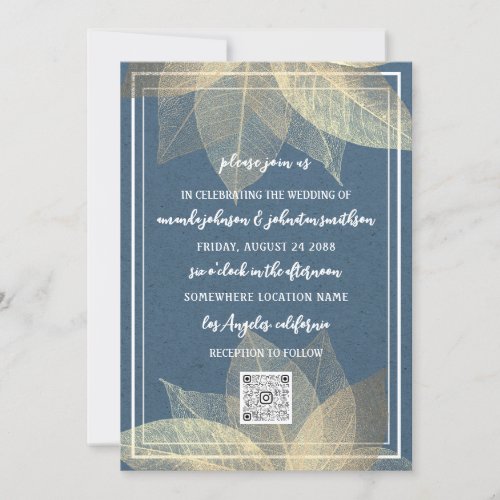 Monogram Custom Photo Gold QR Code Kraft Blue Invitation