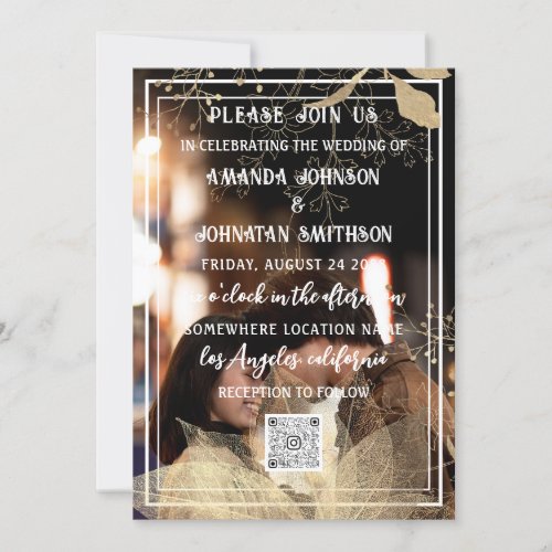 Monogram Custom Photo QR Code Black White Floral  Invitation