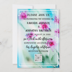 Monogram Custom Photo QR Code Blue Pink Meadow Invitation