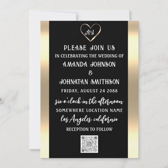 Monogram Custom Photo QR Code Gold Black Invitation (Front)