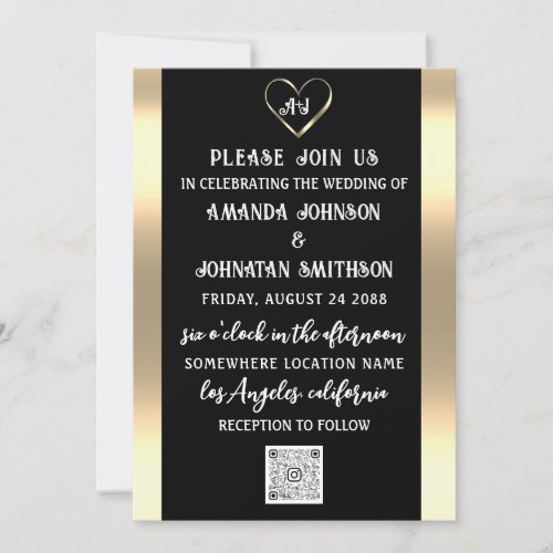 Monogram Custom Photo QR Code Gold Black Invitation