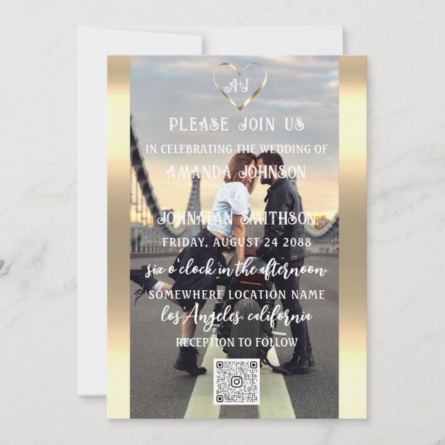 Monogram Custom Photo QR Code Gold Gray Invitation (Front)