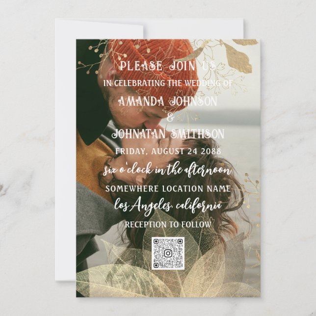 Monogram Custom Photo QR Code Golden Linen Invitation (Front)