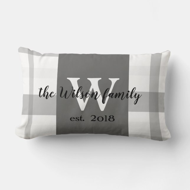 monogram custom pillow gray and white plaid (Front)