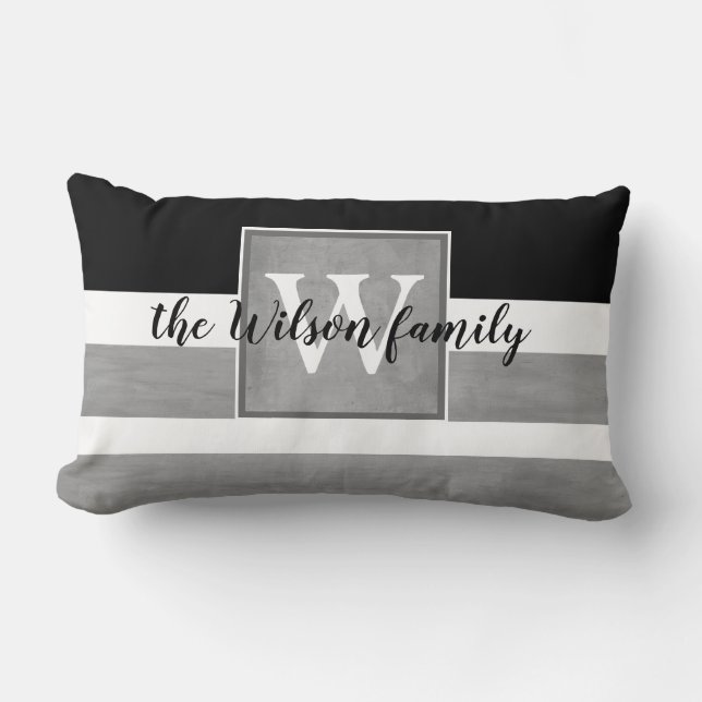 monogram custom pillow gray and white stripes (Front)