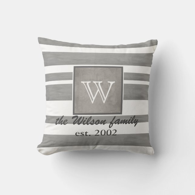 monogram custom pillow gray and white stripes (Front)